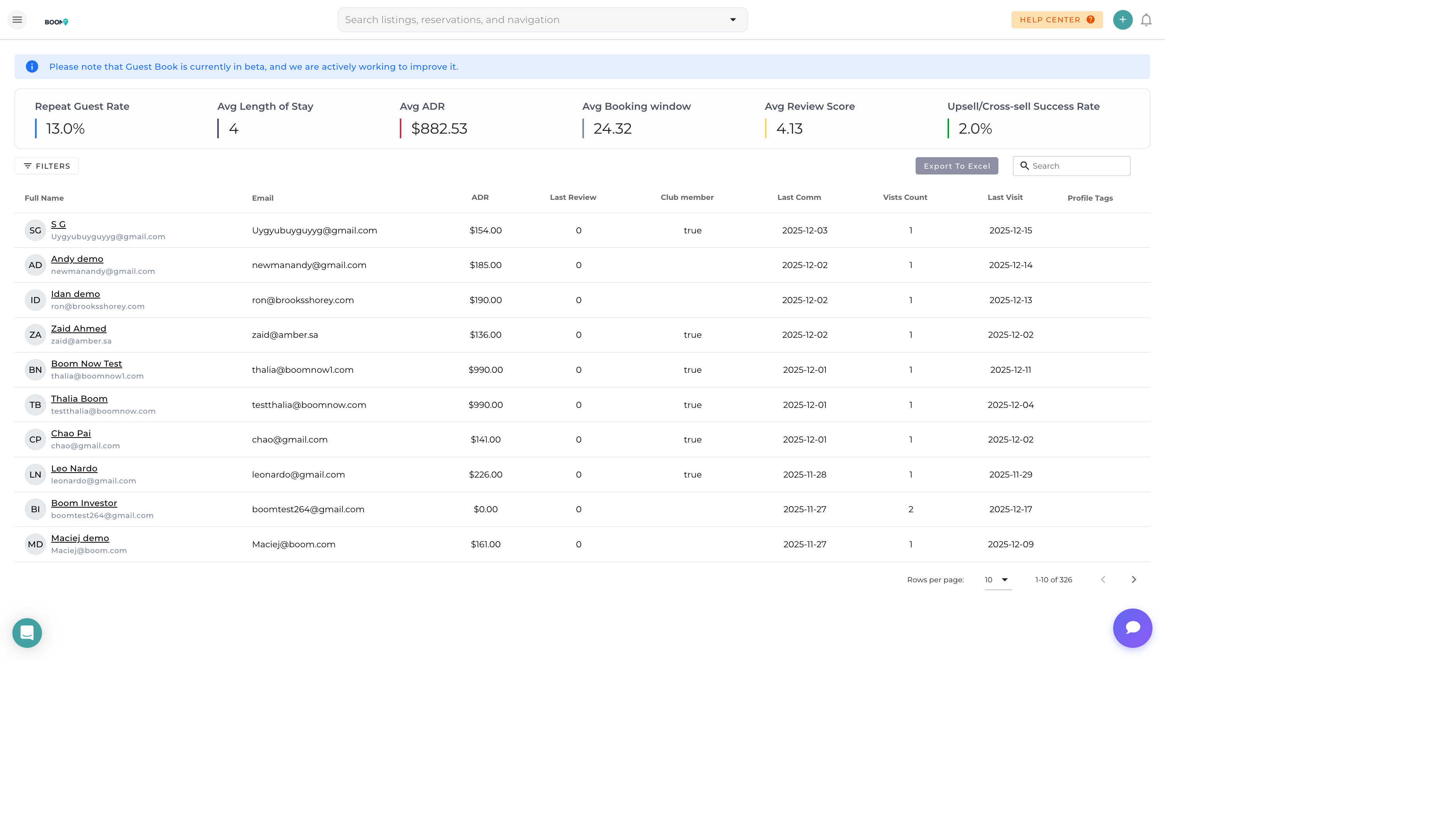 Guest Book Overview in Boom PMS