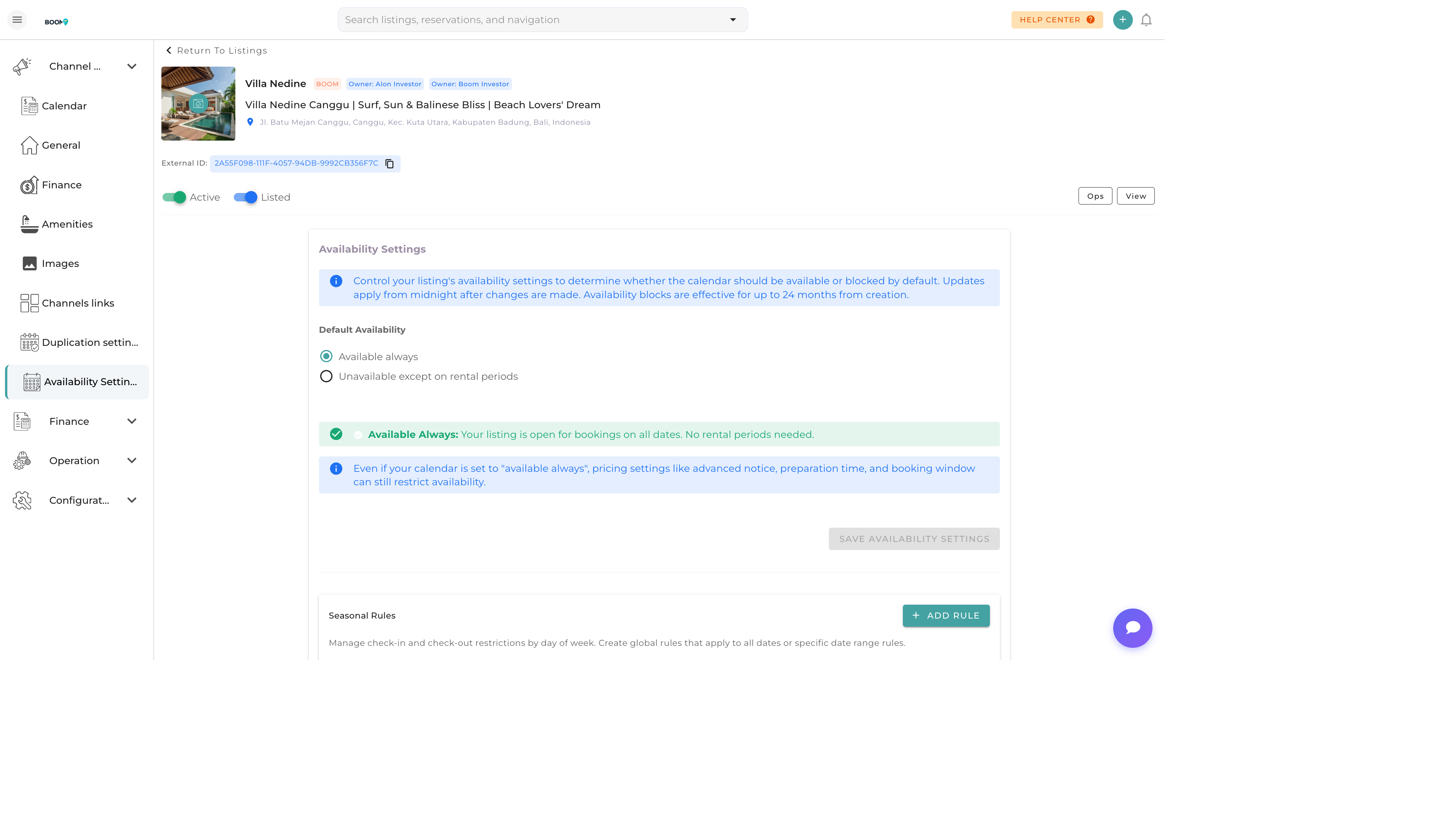 Availability Settings