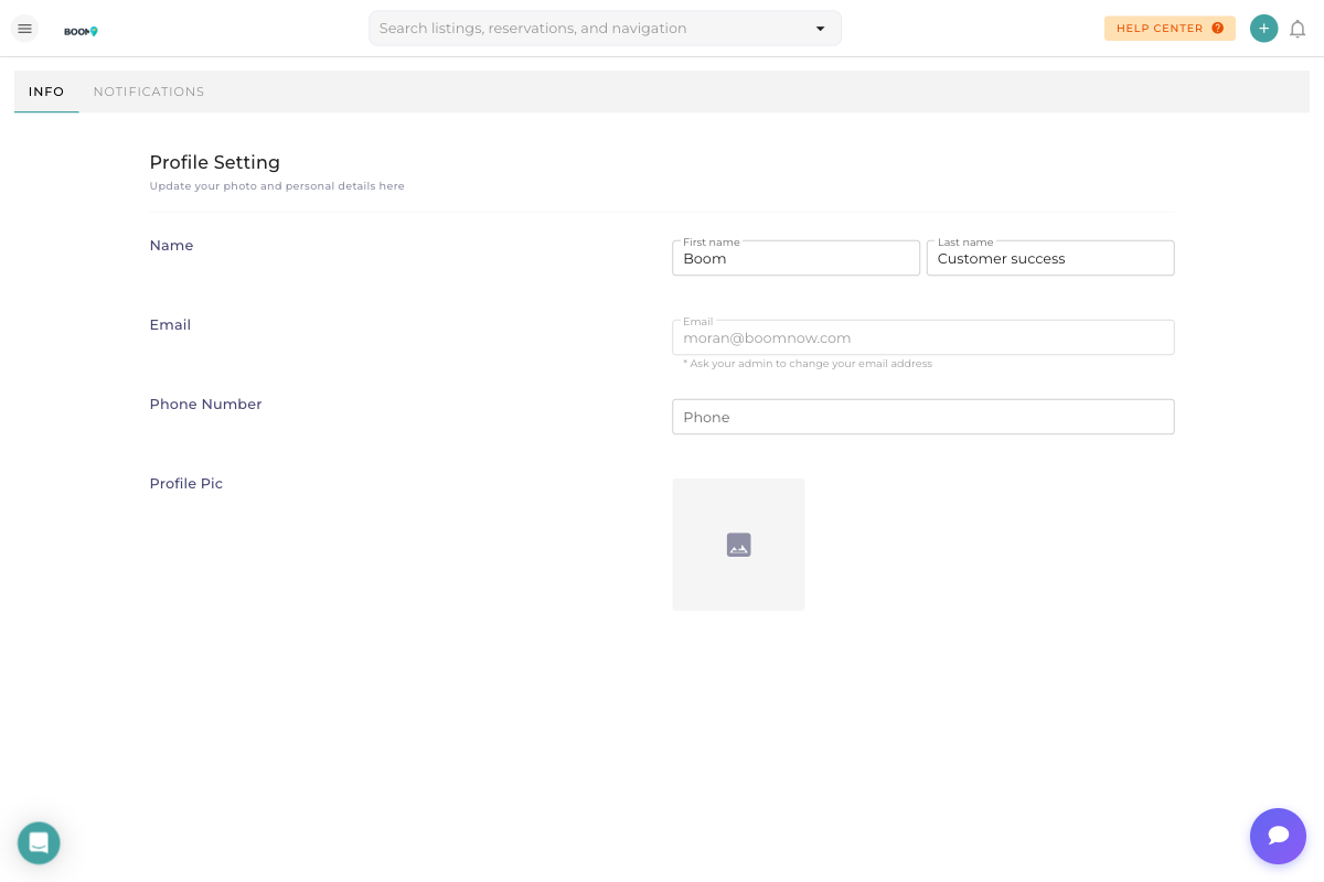 Boom PMS User Profile Settings